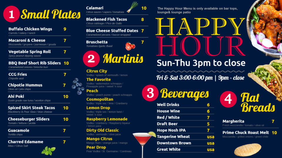 Blue Citrus city happy hour menu design