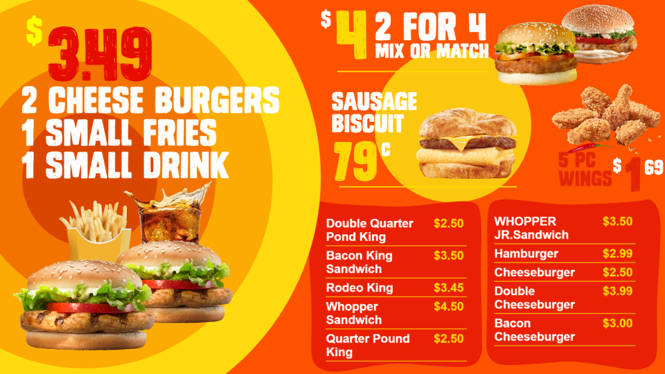 Offer burger menu with fries and drink