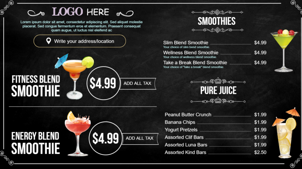 Juice bar menu board Juice bar menu board