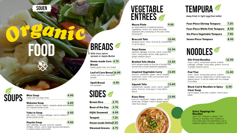 Organic Food Menu Organic Food Menu