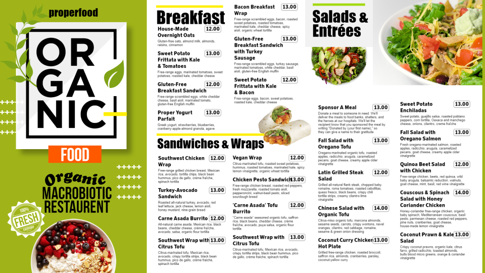 Organic Food Menu