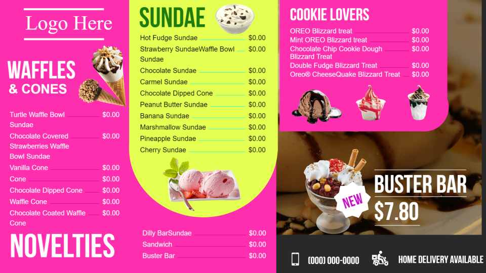 Ice cream parlour menu