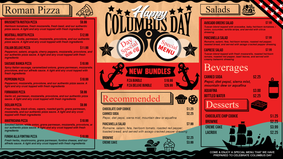 Columbus Day Special Menu Columbus Day Special Menu