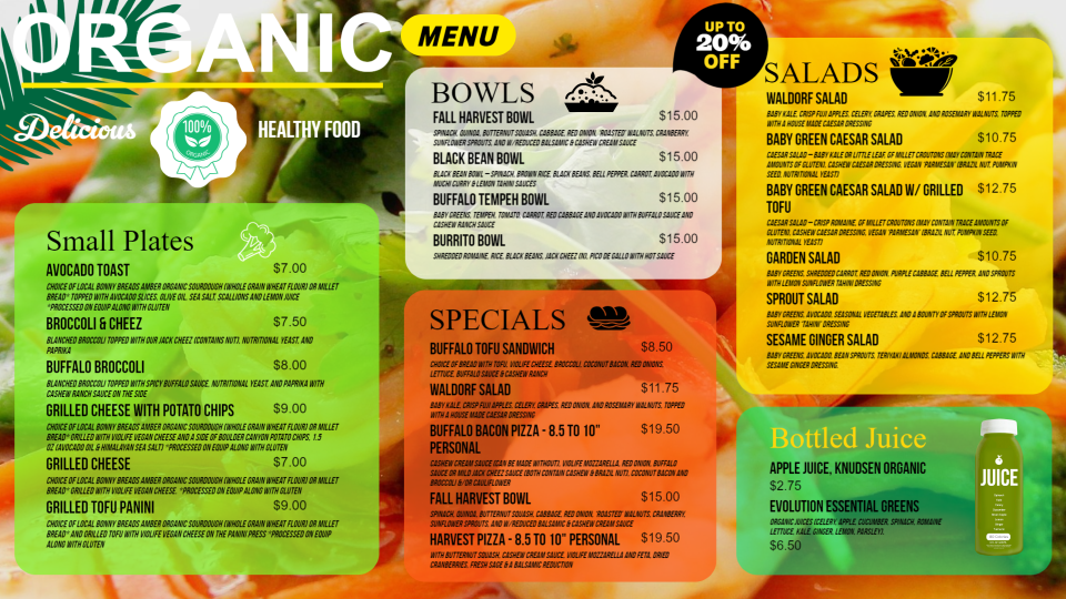 Organic Food Menu Organic Food Menu