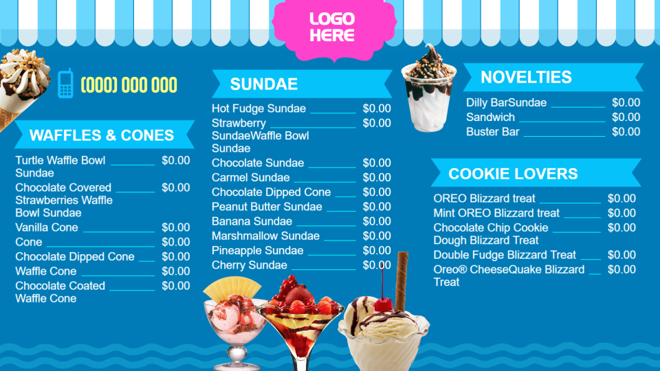 Ice cream parlour menu Ice cream parlour menu