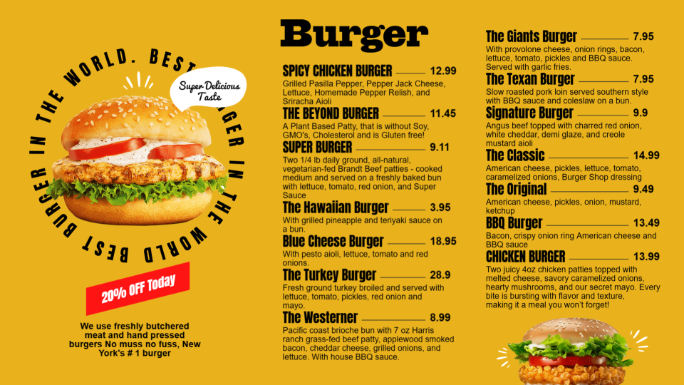 Burgers Restaurant Menu template design