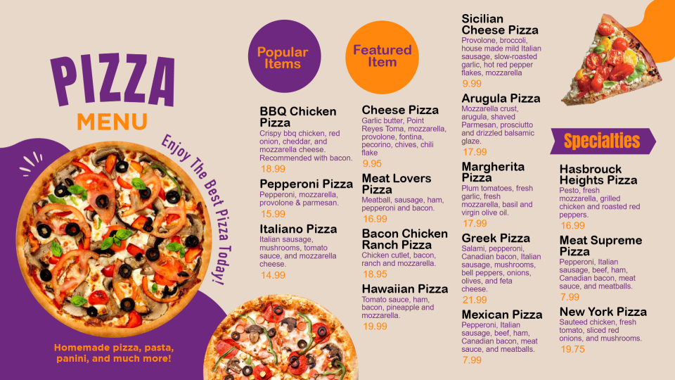 Restaurant menu for pizza