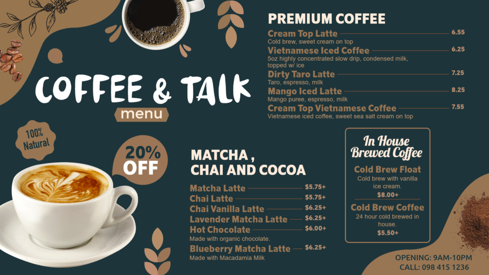 Customizable Coffee Menu Customizable Coffee Menu