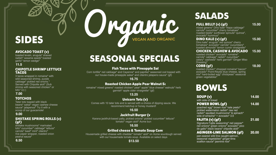 Organic Food Menu Image Organic Food Menu Image