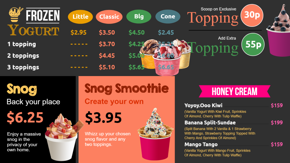Yogurt menu Yogurt menu